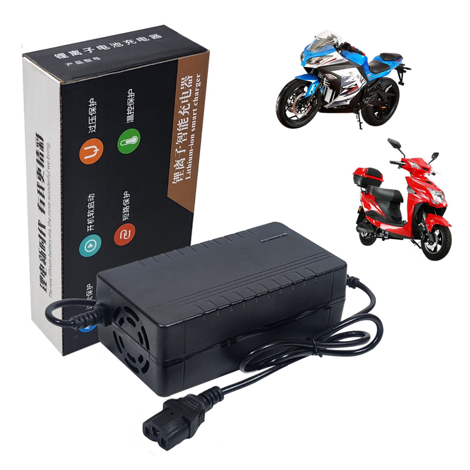 Cargador Para Moto Eléctrica de 72V, Salida: 84.0V 3A, Modelo: 72V3A, Conector IEC